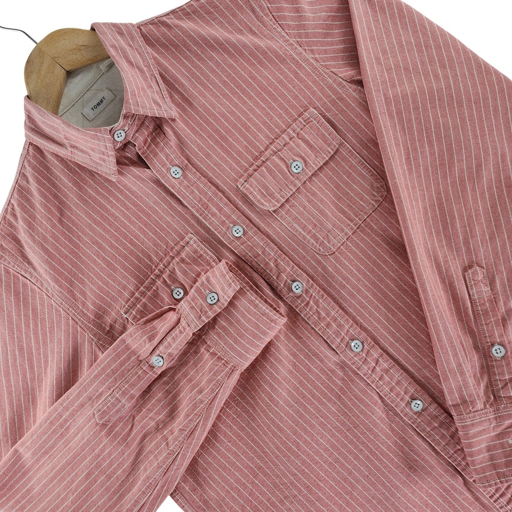 Tommy Shirt Men Small Red Striped 100% Cotton Button Up 2 Pocket Workwear Casual